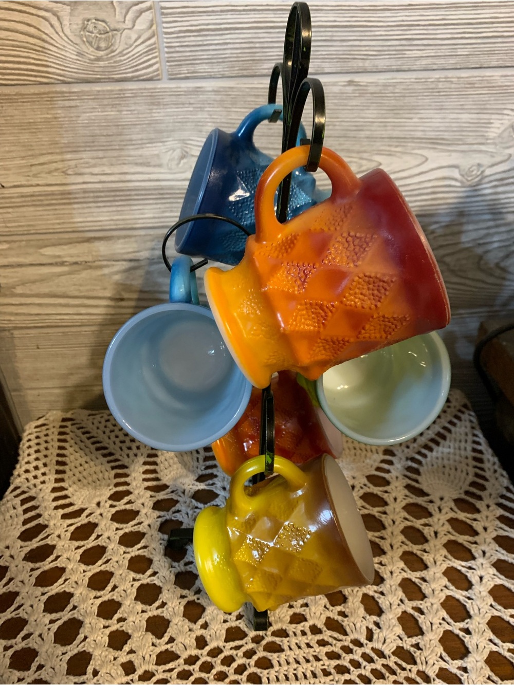 Anchor Hocking Diamond-Textured Mug Set in Orange, Yellow, Blue, Green.